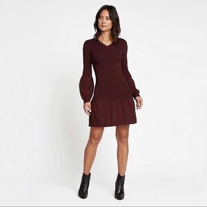 Anthropologie Current Air Puff Sleeve Ribbed Mini Sweater Dress in Bordeaux XS